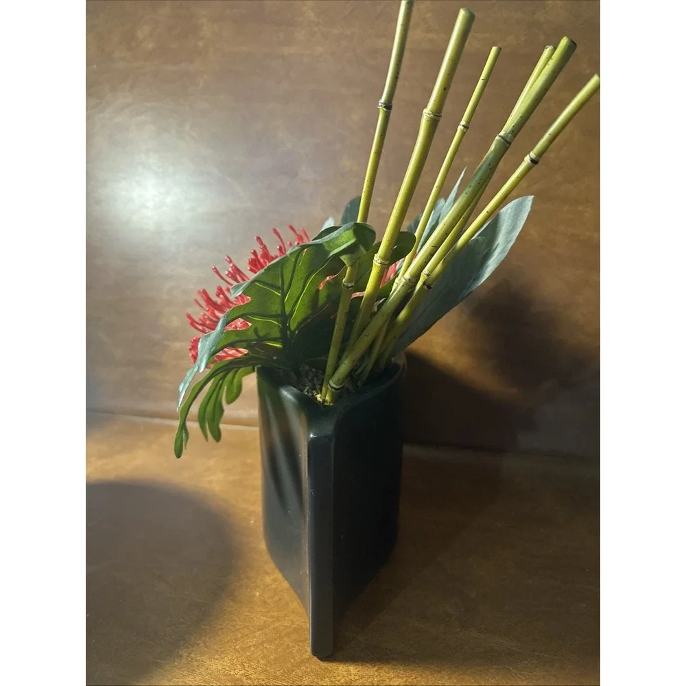 Protea Asian Inspired Tropical silk flowers Red/Orange Artificial in Black Plant